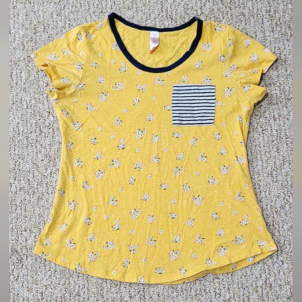 Girl's Yellow Floral Shirt With Striped Pocket